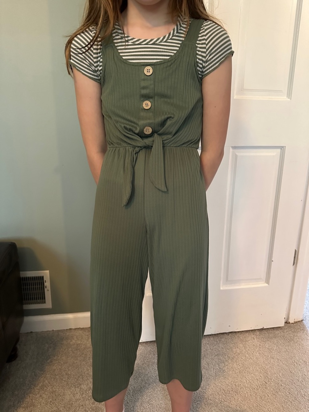 Lily Bleu Olive Ribbed Tie-Front Jumpsuit with Wooden Buttons